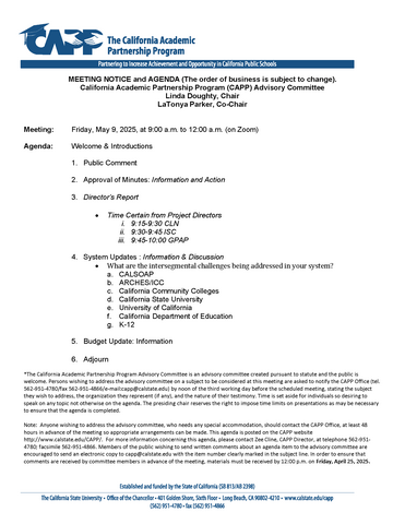Agenda for 2025 Spring Advisory Committee Meeting to be held on Friday, May 9, 2025
